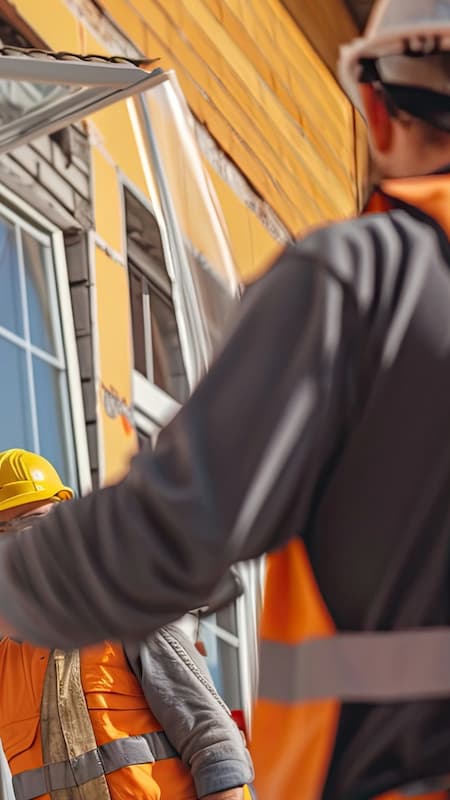 Two construction men installing a window